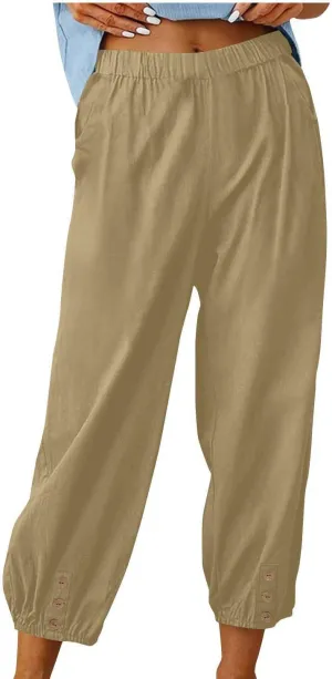 Women Linen Capri Pants Summer Casual Drawstring Elastic High Waist Pants Baggy Wide Leg Cropped Lounge Trousers