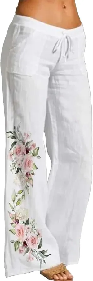 Women Linen Palazzo Pants 2025 Summer High Waisted Wide Leg Lounge Pants Pleated Beach Travel Trousers with Pocket