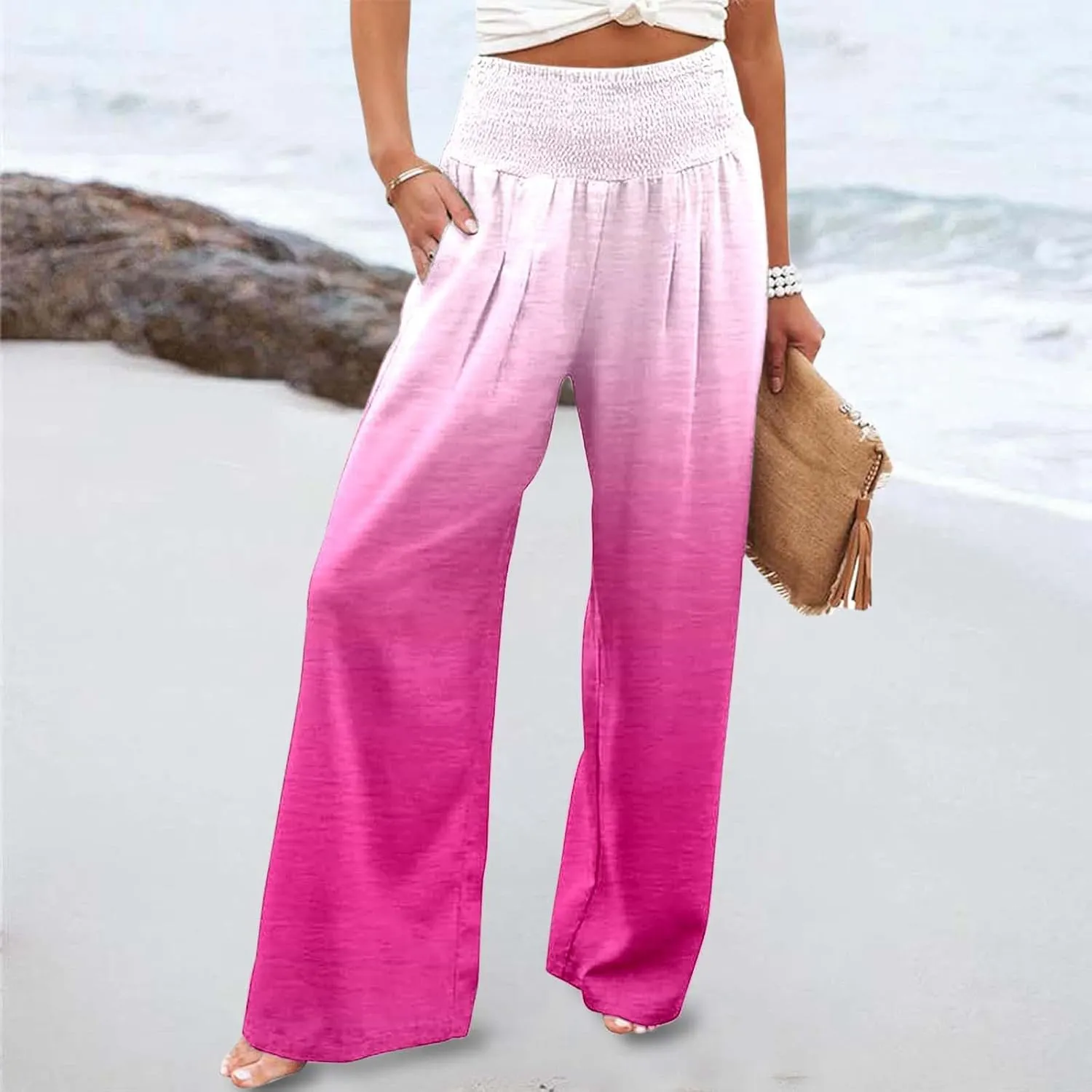 Women Linen Pants 2025 Summer Casual Loose Wide Leg Palazzo Pants Smocked High Waist Flowy Beach Trousers