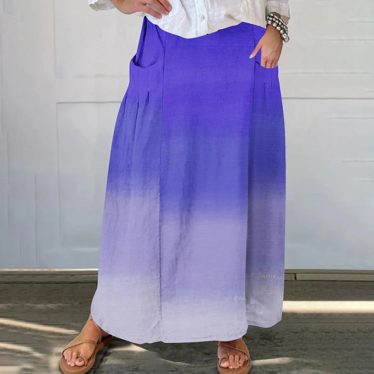 Women Maxi Skirt Gradient Color Loose Fit Stretchy Summer Skirt with Pockets Pleated Comfy Trendy 2025 Casual Skirt