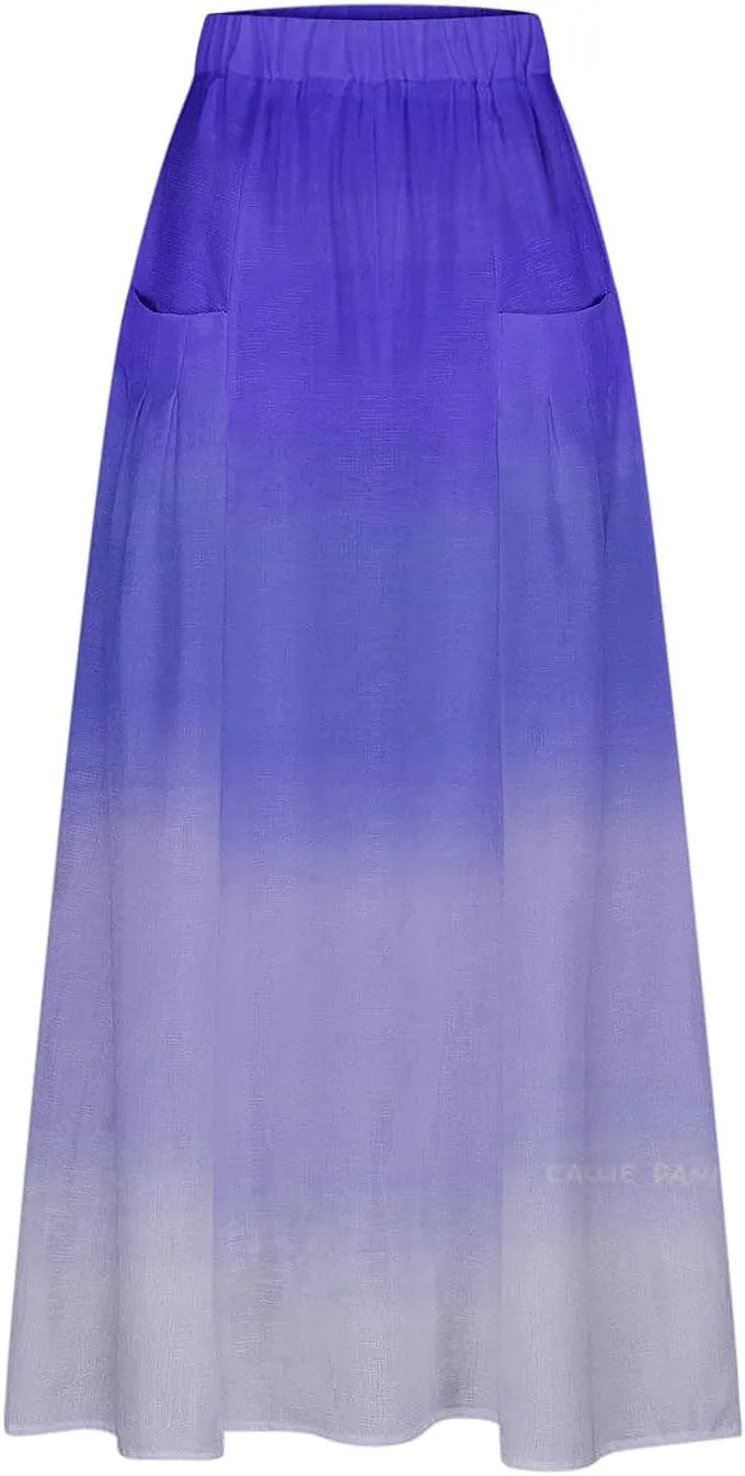 Women Maxi Skirt Gradient Color Loose Fit Stretchy Summer Skirt with Pockets Pleated Comfy Trendy 2025 Casual Skirt