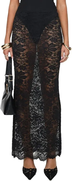 Women Mesh Lace Long Skirt Elastic High Waist See Through Aline Midi Sheer Skirt Floral Lace Flowy Maxi Skirt