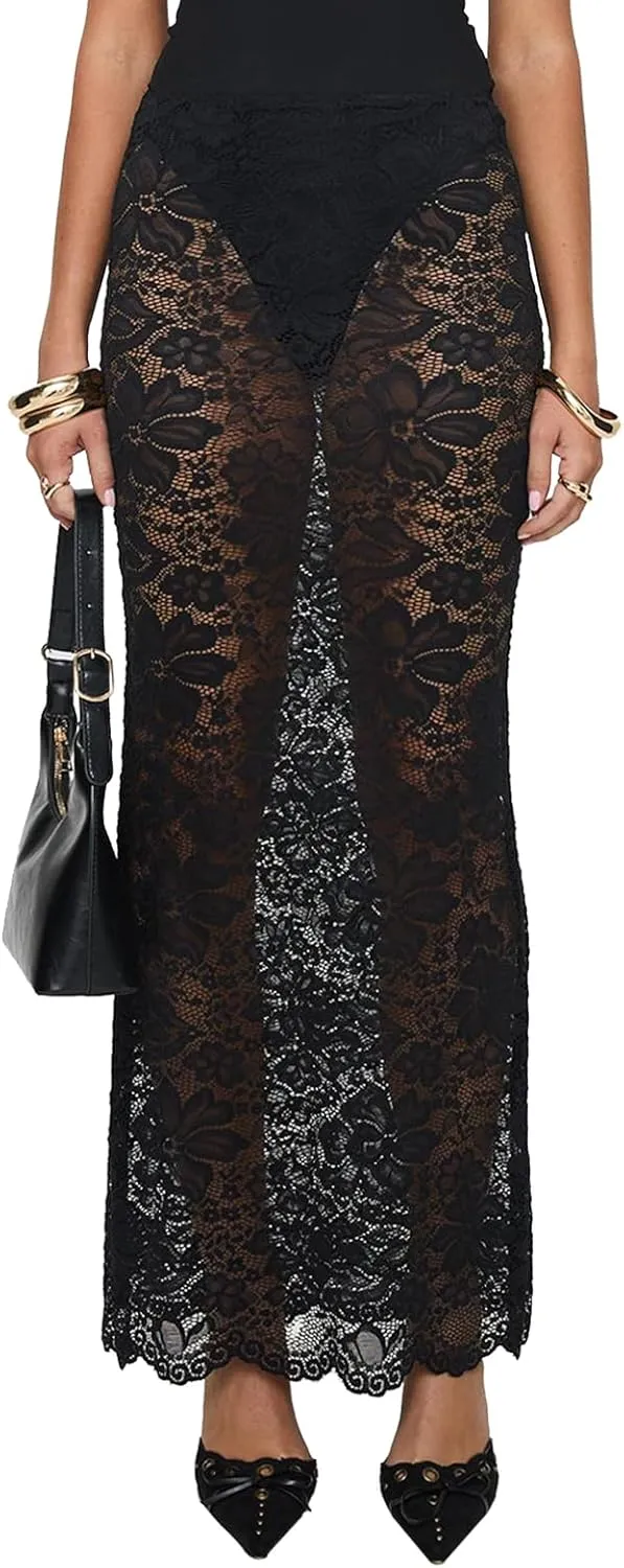 Women Mesh Lace Long Skirt Elastic High Waist See Through Aline Midi Sheer Skirt Floral Lace Flowy Maxi Skirt