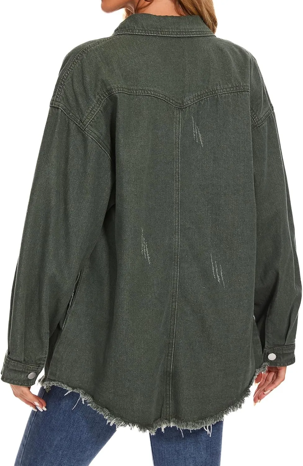 Women Oversized Button Up Denim Long Boyfriend Distresse Jean Jacket Frayed Hem Shacket