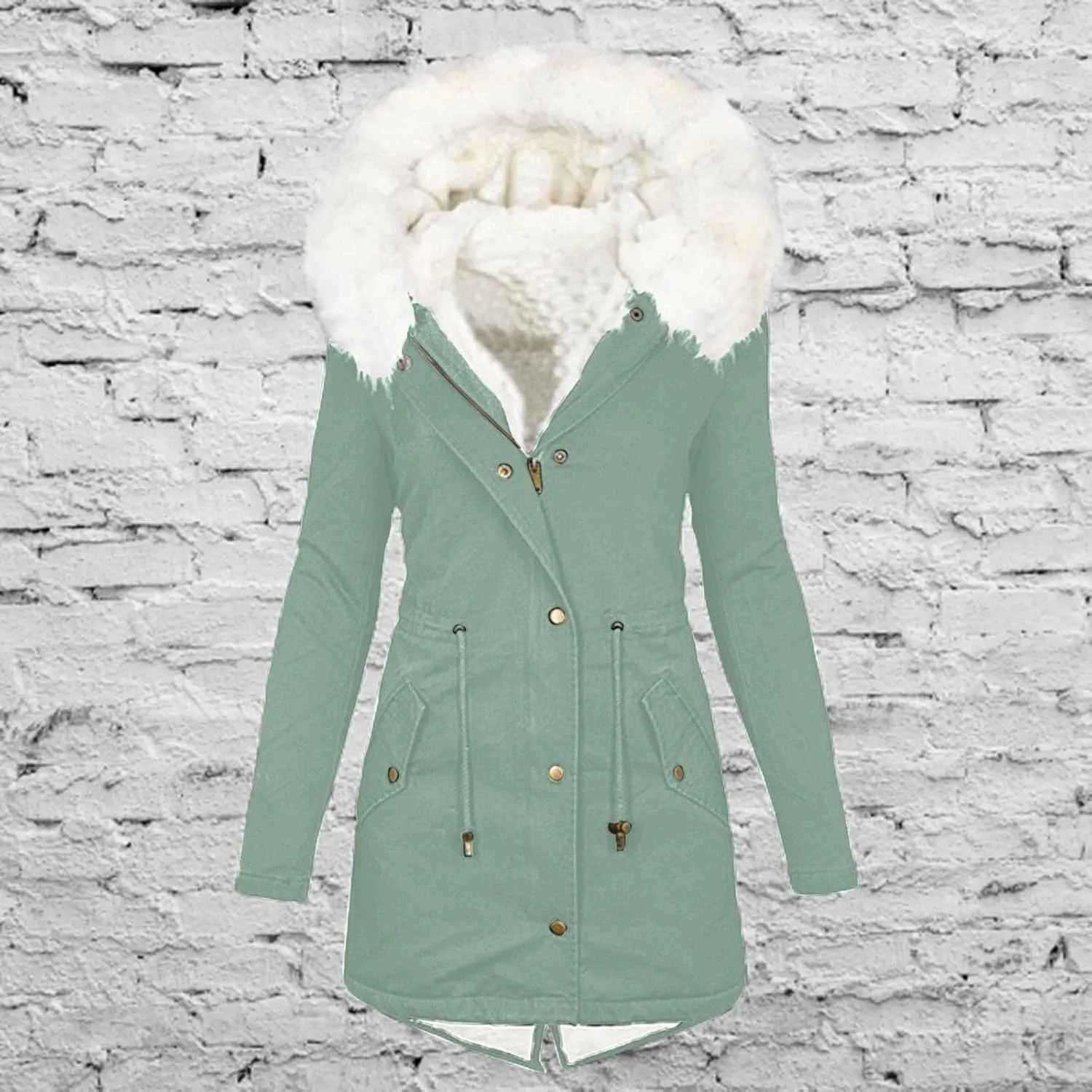 Women Parka Faux Pea Coat Sherpa Fleece Lined Distressed Jackets Thicken Warm Casual Outerwear Fuzzy Trench Coat
