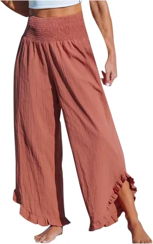 Women Ruffle Cuffs Straight Leg Pants Solid Smocked High Waist Lounge Pant Casual Loose Fit Beach Trousers