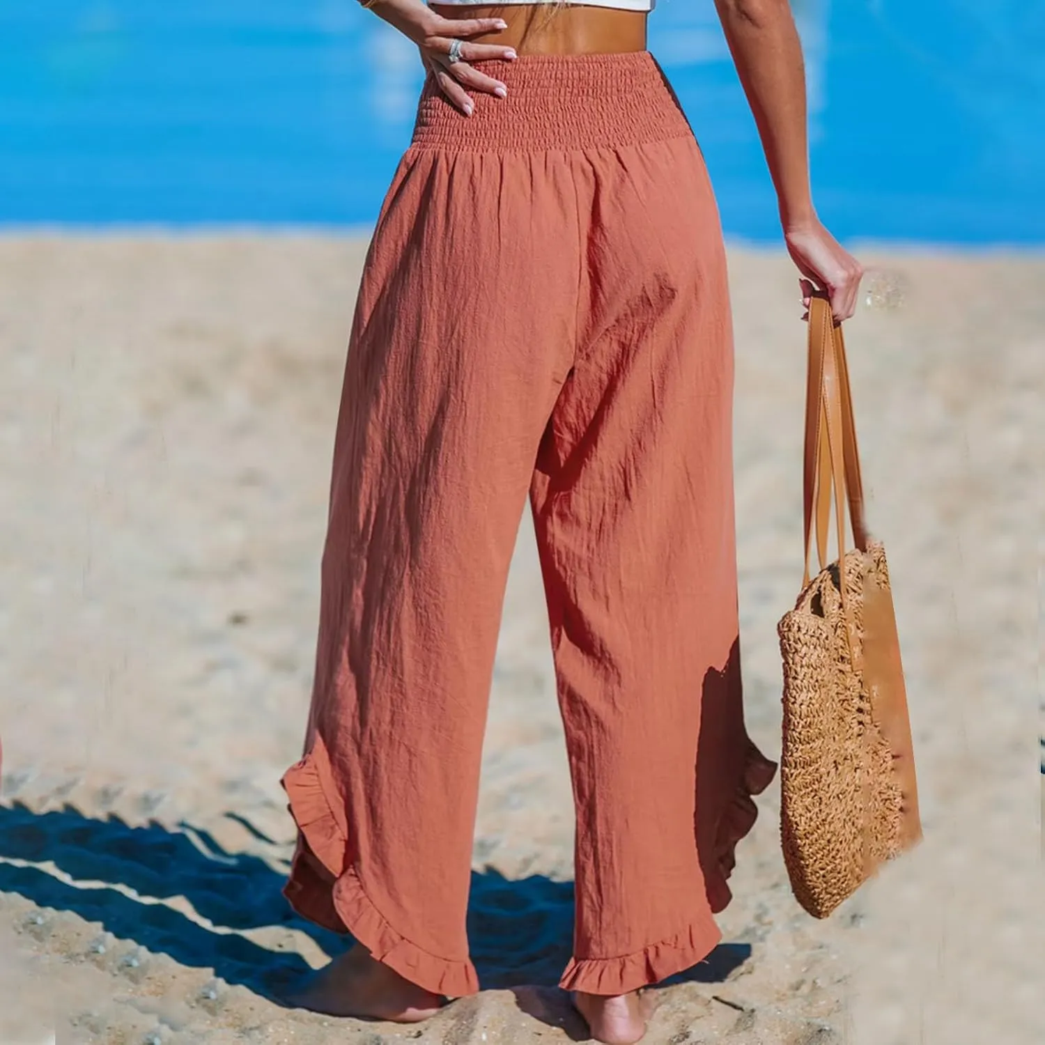 Women Ruffle Cuffs Straight Leg Pants Solid Smocked High Waist Lounge Pant Casual Loose Fit Beach Trousers