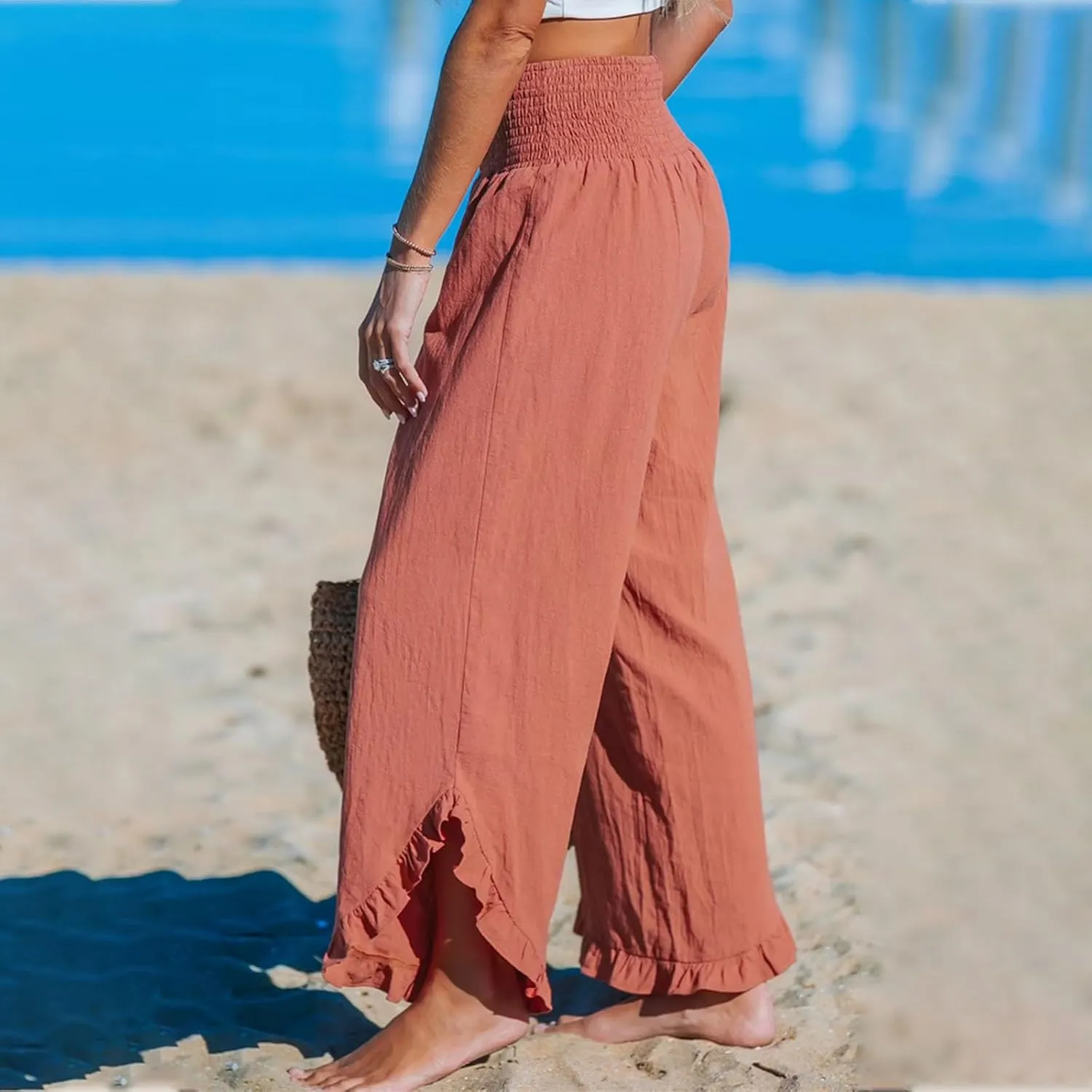 Women Ruffle Cuffs Straight Leg Pants Solid Smocked High Waist Lounge Pant Casual Loose Fit Beach Trousers