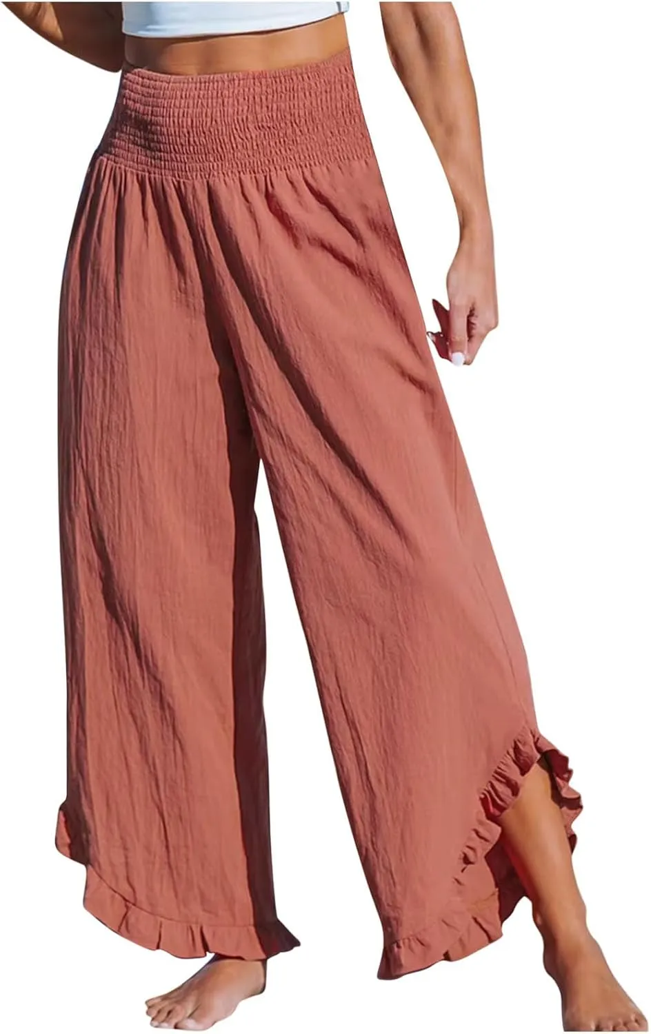 Women Ruffle Cuffs Straight Leg Pants Solid Smocked High Waist Lounge Pant Casual Loose Fit Beach Trousers
