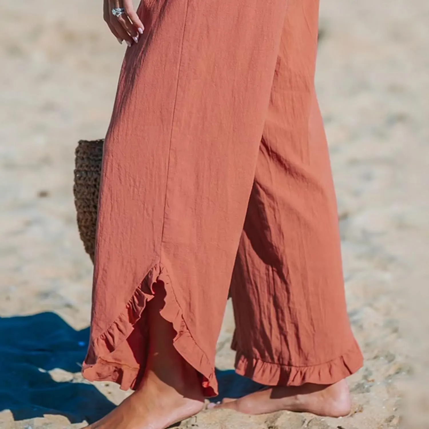 Women Ruffle Cuffs Straight Leg Pants Solid Smocked High Waist Lounge Pant Casual Loose Fit Beach Trousers