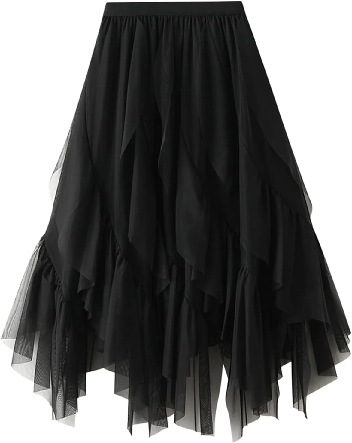 Women Ruffles A Line Pleated Skirt High Elastic Waist Tulle Midi Skirt Mesh Irregular Hem Lace Skirt