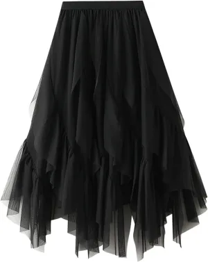 Women Ruffles A Line Pleated Skirt High Elastic Waist Tulle Midi Skirt Mesh Irregular Hem Lace Skirt