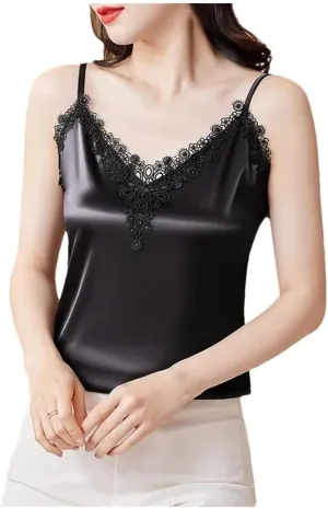 Women Satin Camisole Top with Embroidered Patchwork Sleeveless Design for Summer