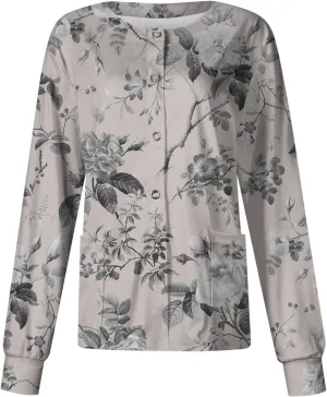 Women Scrubs Jacket Long Sleeve Snap Front Warm Up Medical Scrub Tops Butterfly Print Nurse Working Uniforms
