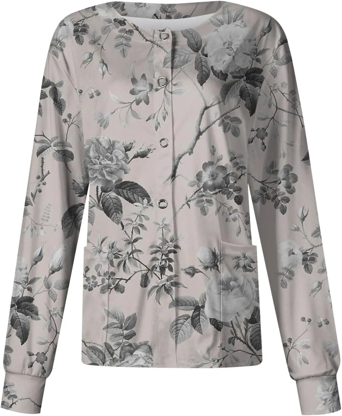 Women Scrubs Jacket Long Sleeve Snap Front Warm Up Medical Scrub Tops Butterfly Print Nurse Working Uniforms