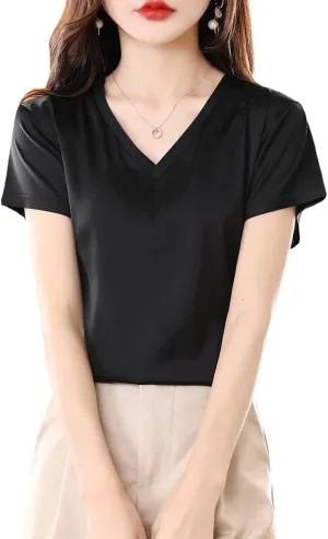 Women Silk Short Sleeve T-Shirt Exquisite V-Neck Satin Top