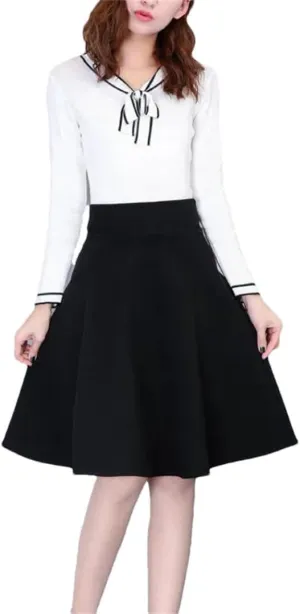 Women Solid High Waist Pockets Pleated A-Line Bubble Skirt
