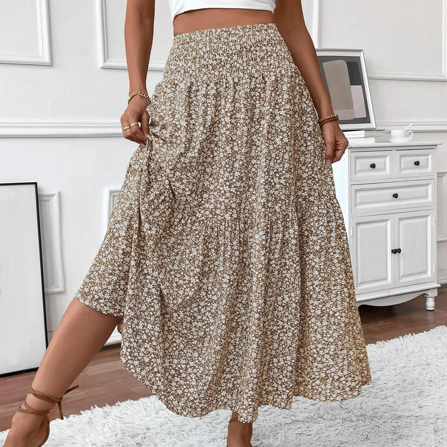 Women Summer Boho Floral Smocked Elastic High Waist Flowy Swing Pleated Maxi Skirts Vacation Printed A-Line Long Skirts
