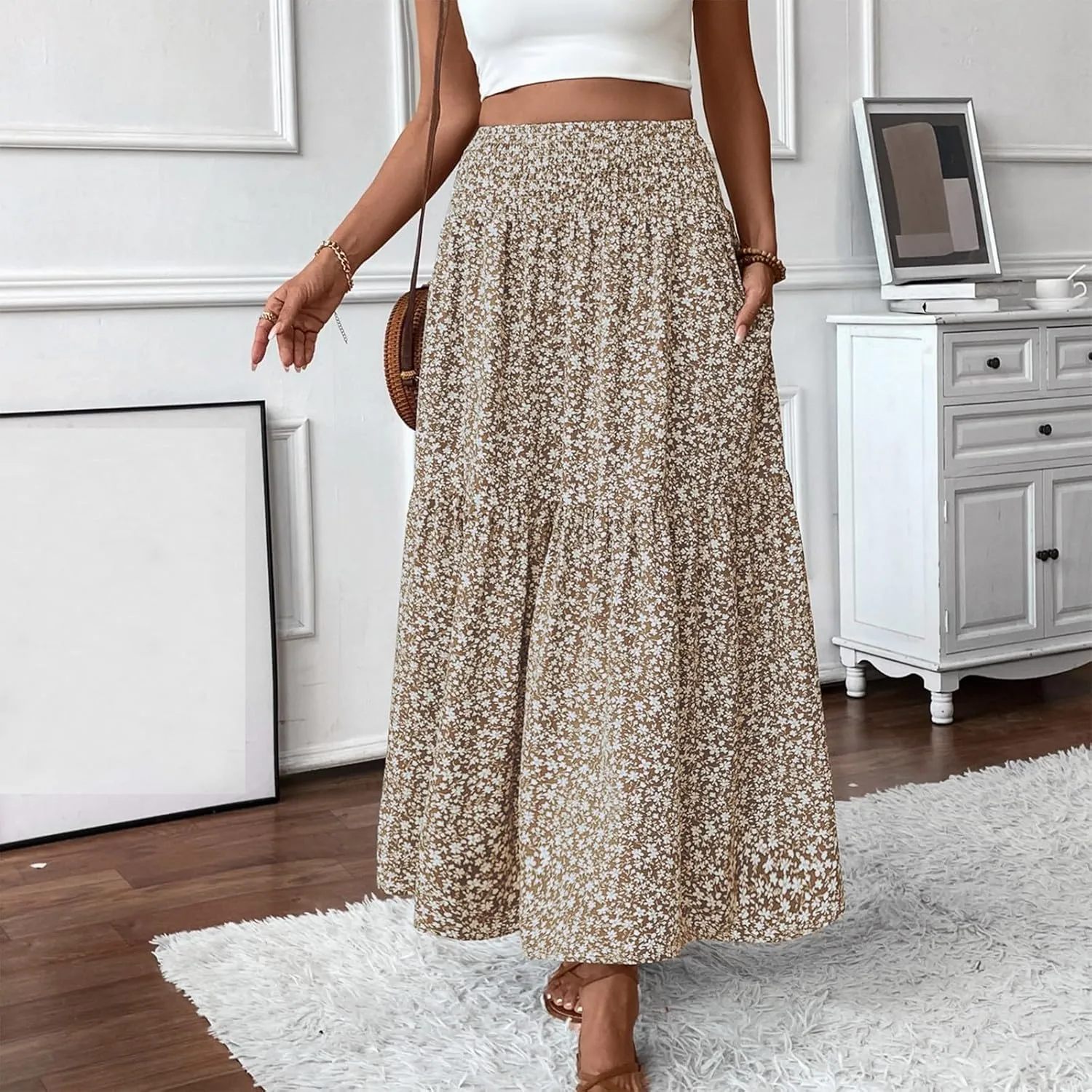 Women Summer Boho Floral Smocked Elastic High Waist Flowy Swing Pleated Maxi Skirts Vacation Printed A-Line Long Skirts