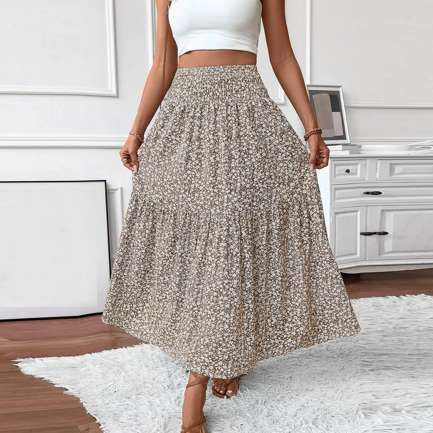 Women Summer Boho Floral Smocked Elastic High Waist Flowy Swing Pleated Maxi Skirts Vacation Printed A-Line Long Skirts