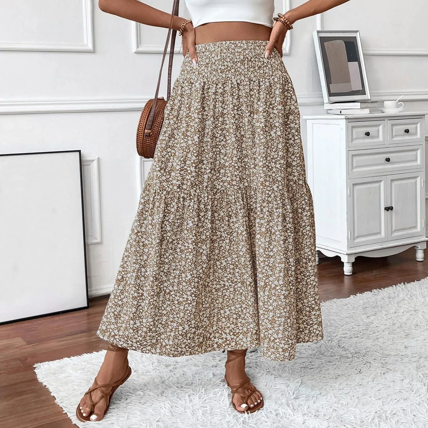 Women Summer Boho Floral Smocked Elastic High Waist Flowy Swing Pleated Maxi Skirts Vacation Printed A-Line Long Skirts