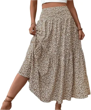 Women Summer Boho Floral Smocked Elastic High Waist Flowy Swing Pleated Maxi Skirts Vacation Printed A-Line Long Skirts