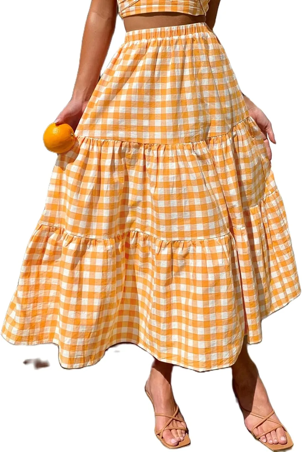 Women Summer Boho Plaid Maxi Skirt Elastic Waist Flowy A-Line Tiered Long Beach Skirt Y2k Bohemian Gingham Skirt