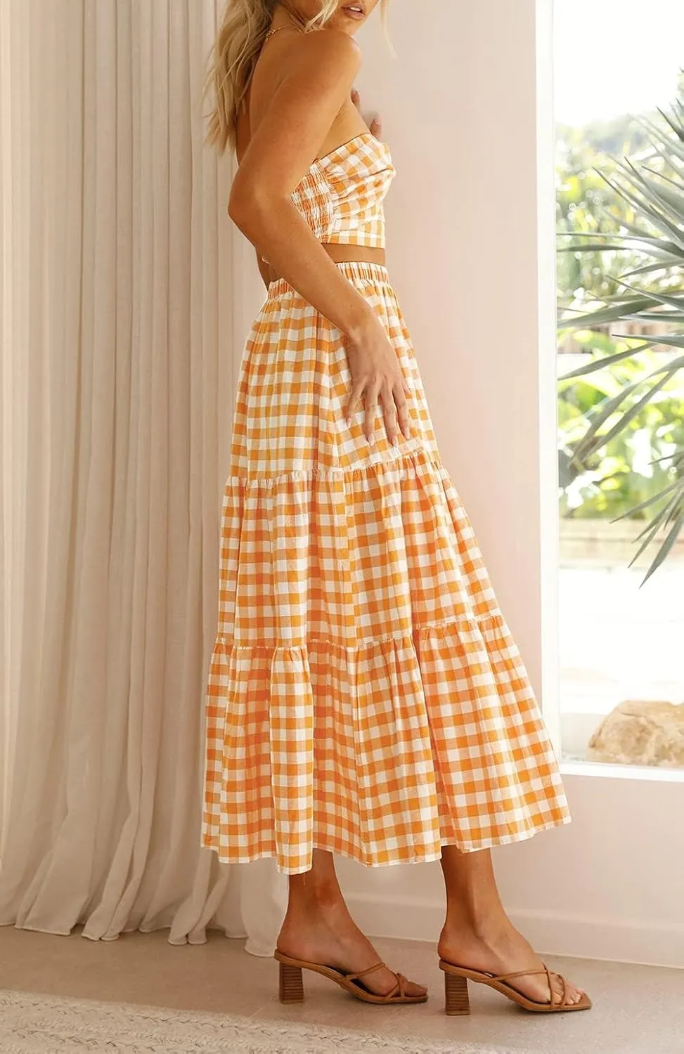 Women Summer Boho Plaid Maxi Skirt Elastic Waist Flowy A-Line Tiered Long Beach Skirt Y2k Bohemian Gingham Skirt