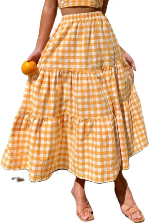 Women Summer Boho Plaid Maxi Skirt Elastic Waist Flowy A-Line Tiered Long Beach Skirt Y2k Bohemian Gingham Skirt
