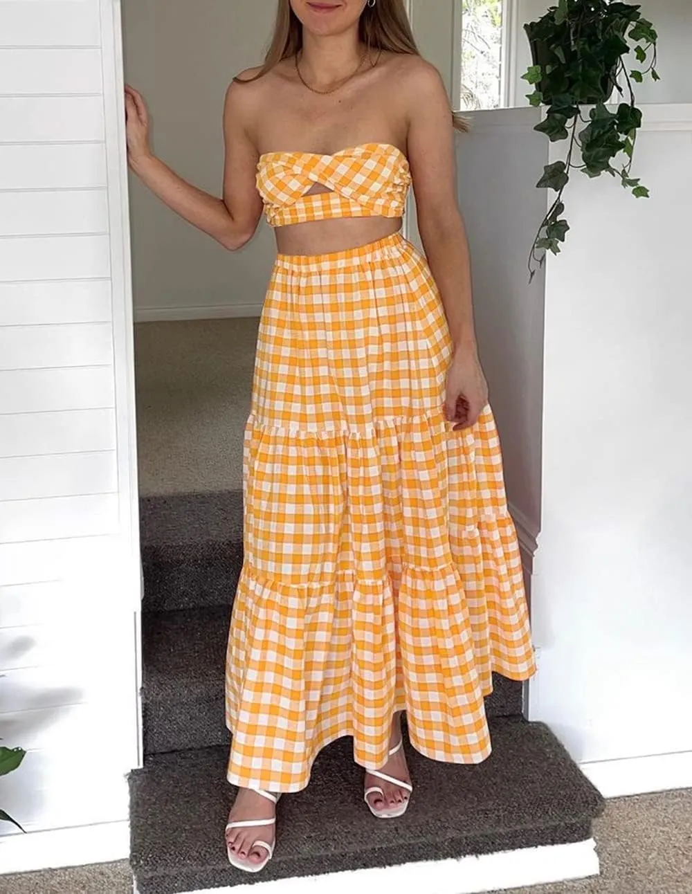 Women Summer Boho Plaid Maxi Skirt Elastic Waist Flowy A-Line Tiered Long Beach Skirt Y2k Bohemian Gingham Skirt