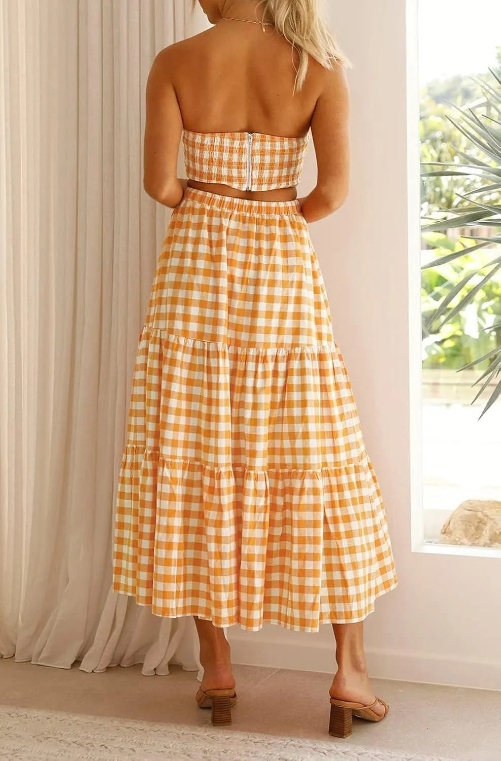 Women Summer Boho Plaid Maxi Skirt Elastic Waist Flowy A-Line Tiered Long Beach Skirt Y2k Bohemian Gingham Skirt