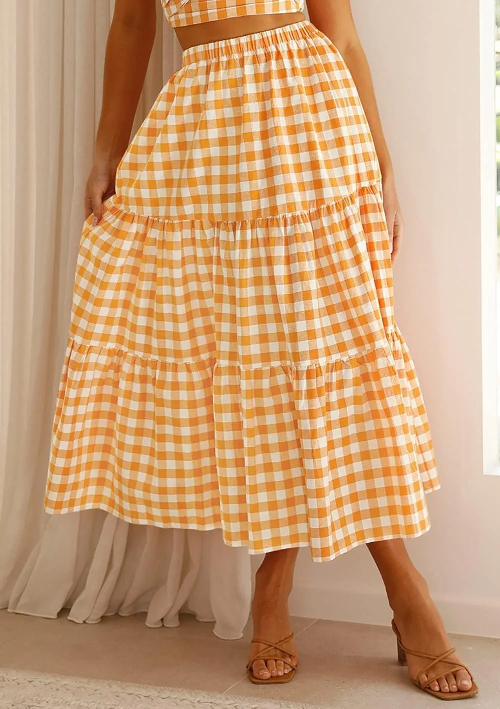 Women Summer Boho Plaid Maxi Skirt Elastic Waist Flowy A-Line Tiered Long Beach Skirt Y2k Bohemian Gingham Skirt