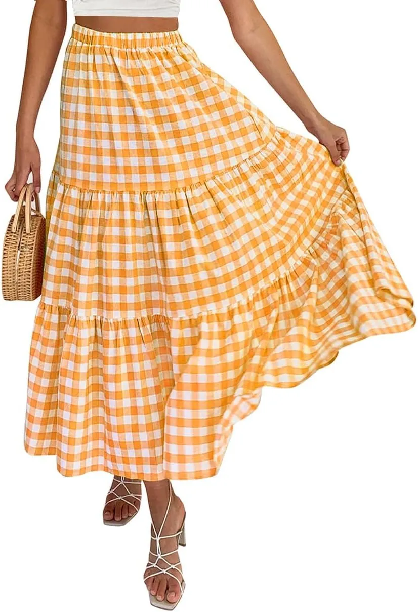 Women Summer Boho Plaid Maxi Skirt Elastic Waist Flowy A-Line Tiered Long Beach Skirt Y2k Bohemian Gingham Skirt