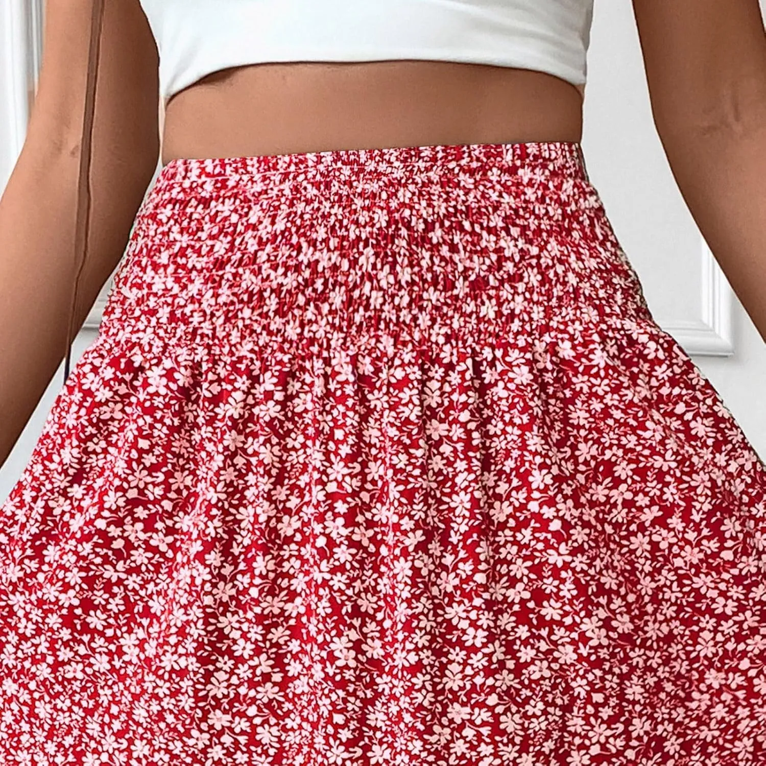 Women Summer Boho Skirt Floral Smocked Elastic Waist Flowy Swing Pleated Skirts Vacation Print A-Line Long Skirts