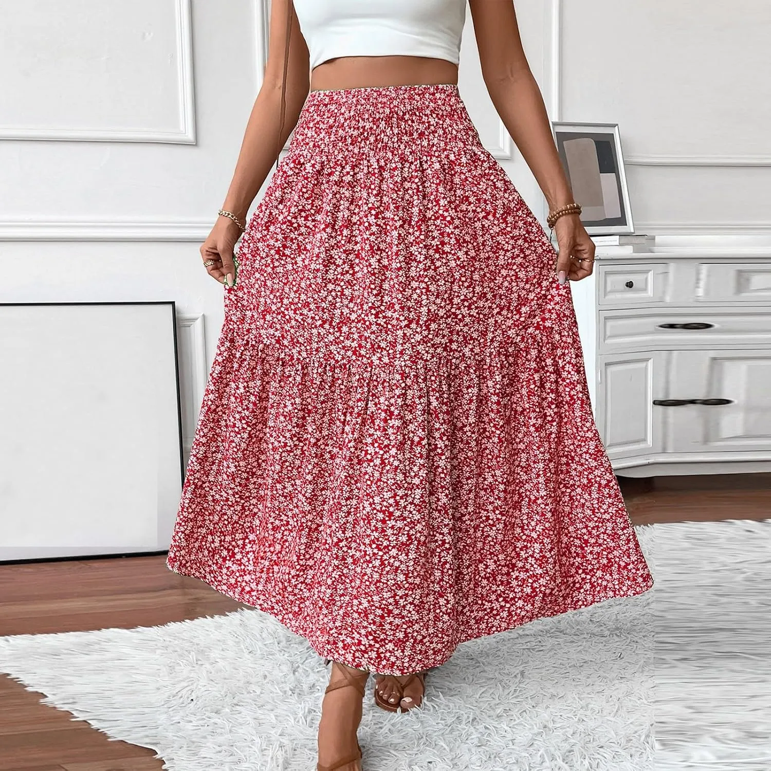 Women Summer Boho Skirt Floral Smocked Elastic Waist Flowy Swing Pleated Skirts Vacation Print A-Line Long Skirts