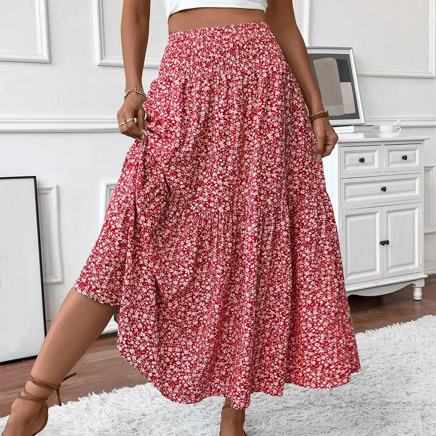 Women Summer Boho Skirt Floral Smocked Elastic Waist Flowy Swing Pleated Skirts Vacation Print A-Line Long Skirts