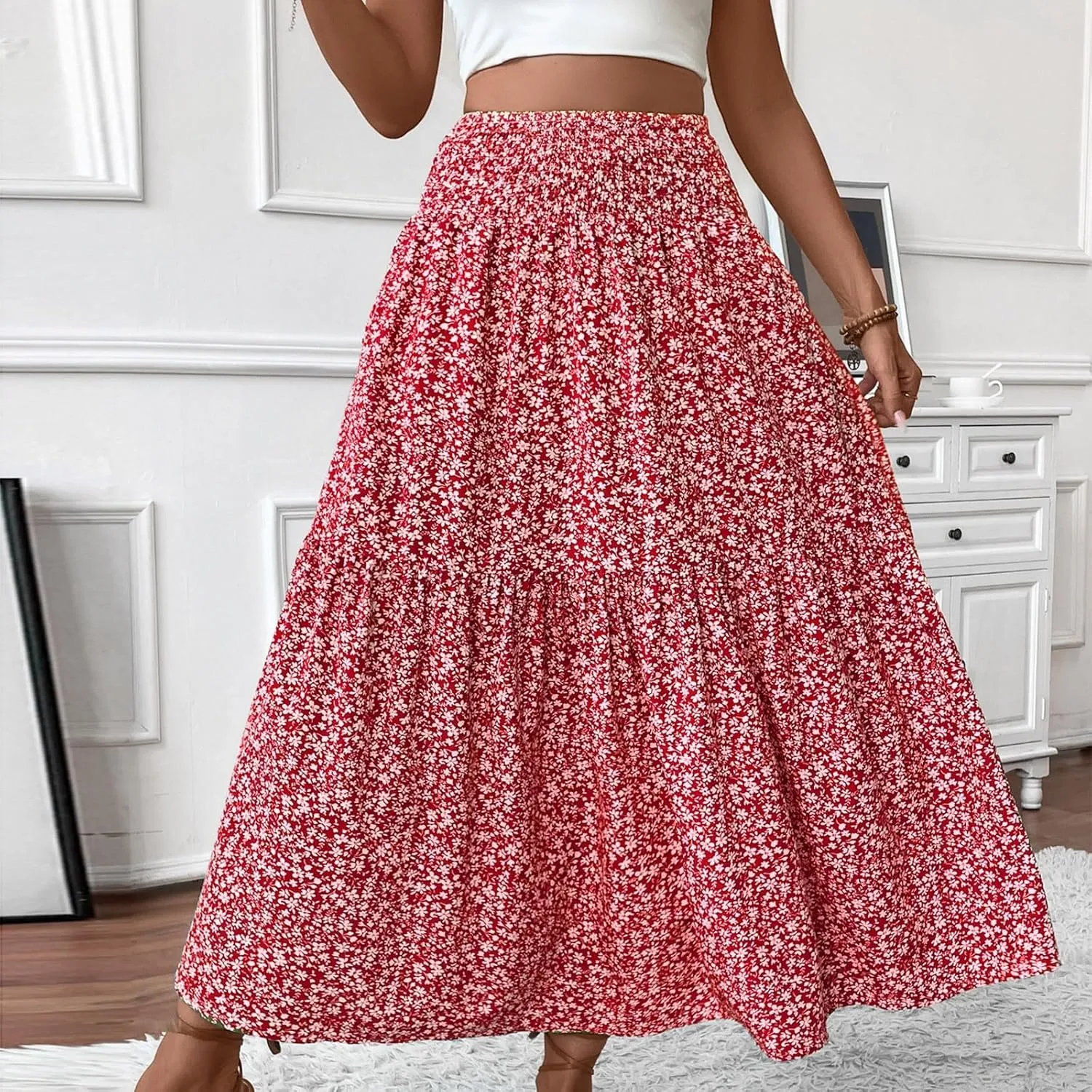 Women Summer Boho Skirt Floral Smocked Elastic Waist Flowy Swing Pleated Skirts Vacation Print A-Line Long Skirts