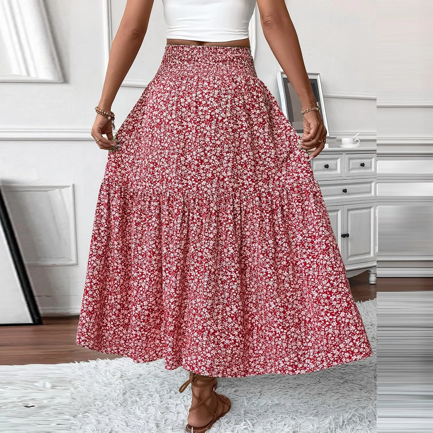 Women Summer Boho Skirt Floral Smocked Elastic Waist Flowy Swing Pleated Skirts Vacation Print A-Line Long Skirts
