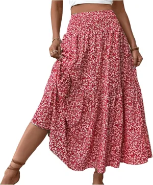 Women Summer Boho Skirt Floral Smocked Elastic Waist Flowy Swing Pleated Skirts Vacation Print A-Line Long Skirts