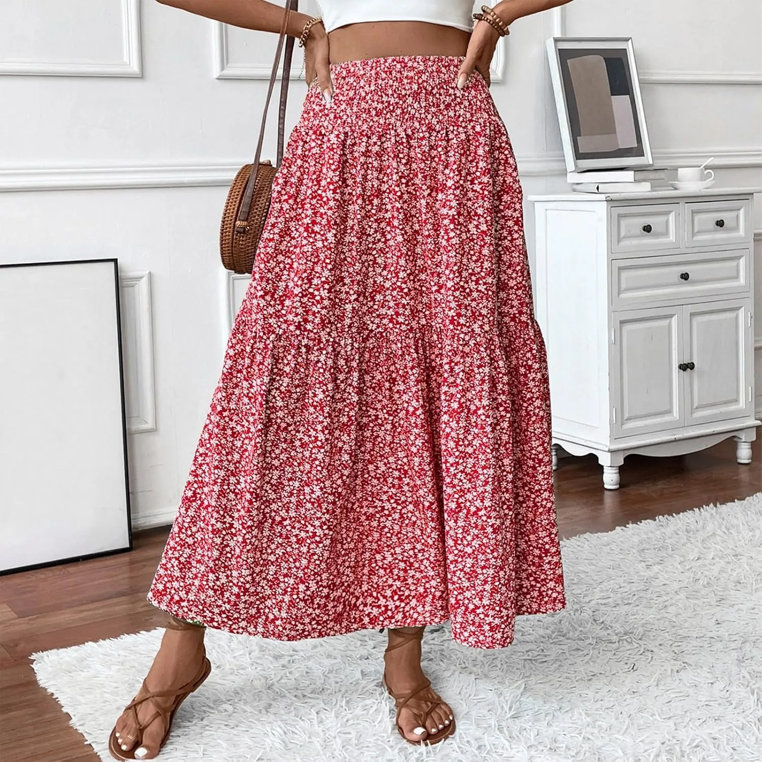 Women Summer Boho Skirt Floral Smocked Elastic Waist Flowy Swing Pleated Skirts Vacation Print A-Line Long Skirts