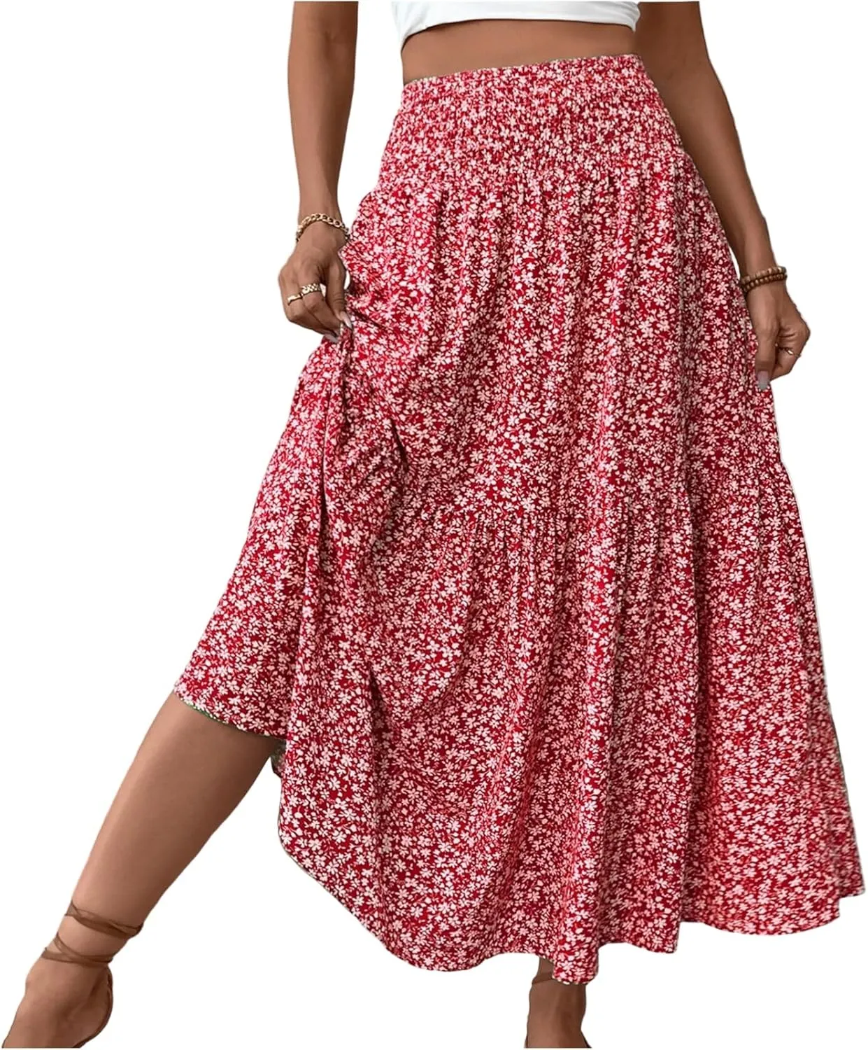 Women Summer Boho Skirt Floral Smocked Elastic Waist Flowy Swing Pleated Skirts Vacation Print A-Line Long Skirts