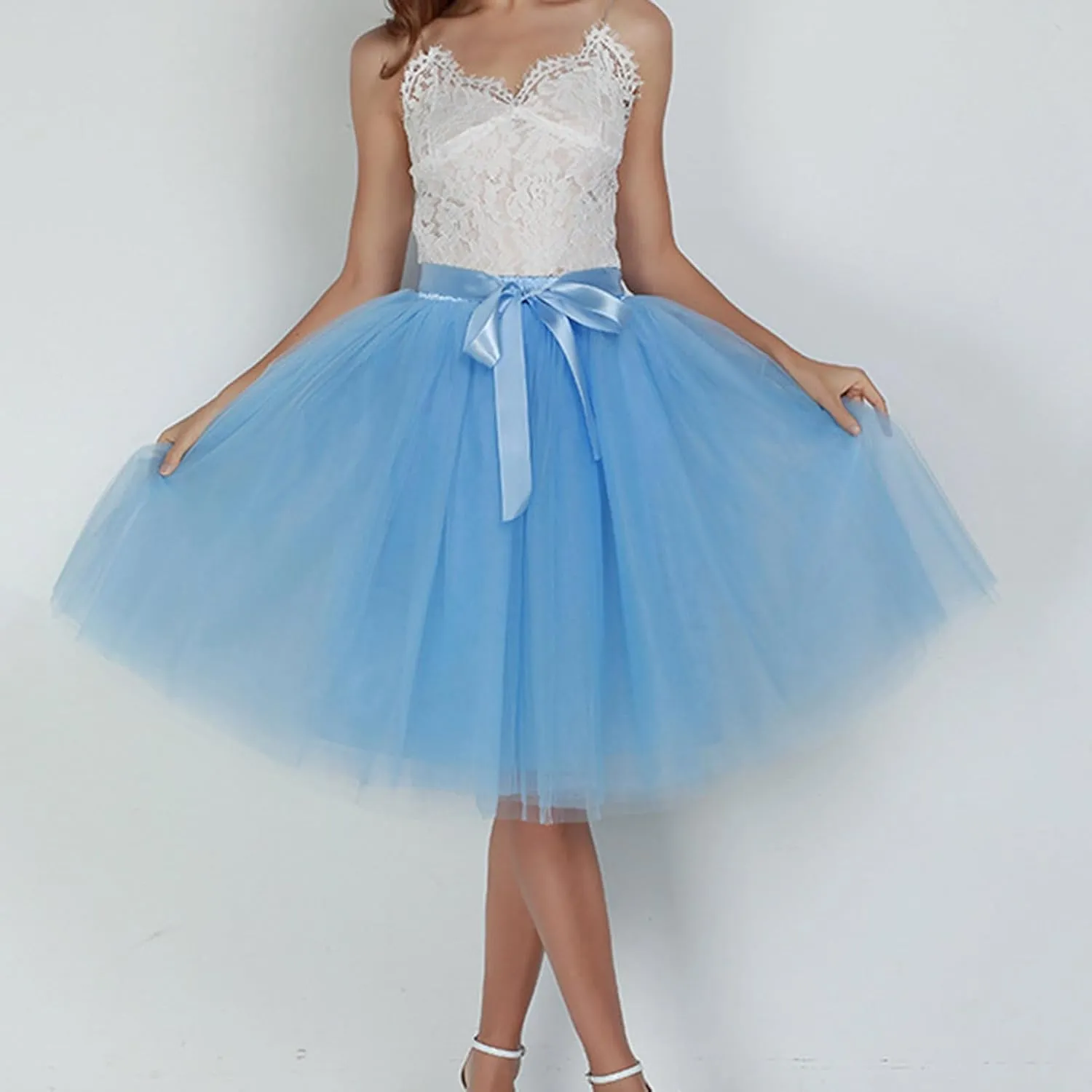 Women Tulle Skirt Adult 6 Layered Pleated Tutu Skirt A Line Knee Length Petticoat Swing Short Prom Party Skirt
