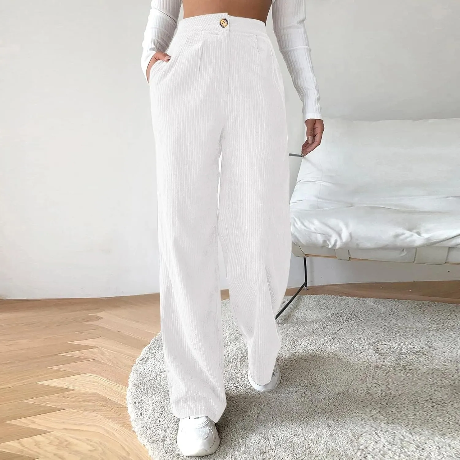Women Wide Leg High Waist Linen Pants Back Elastic Waist Work Casual Trousers