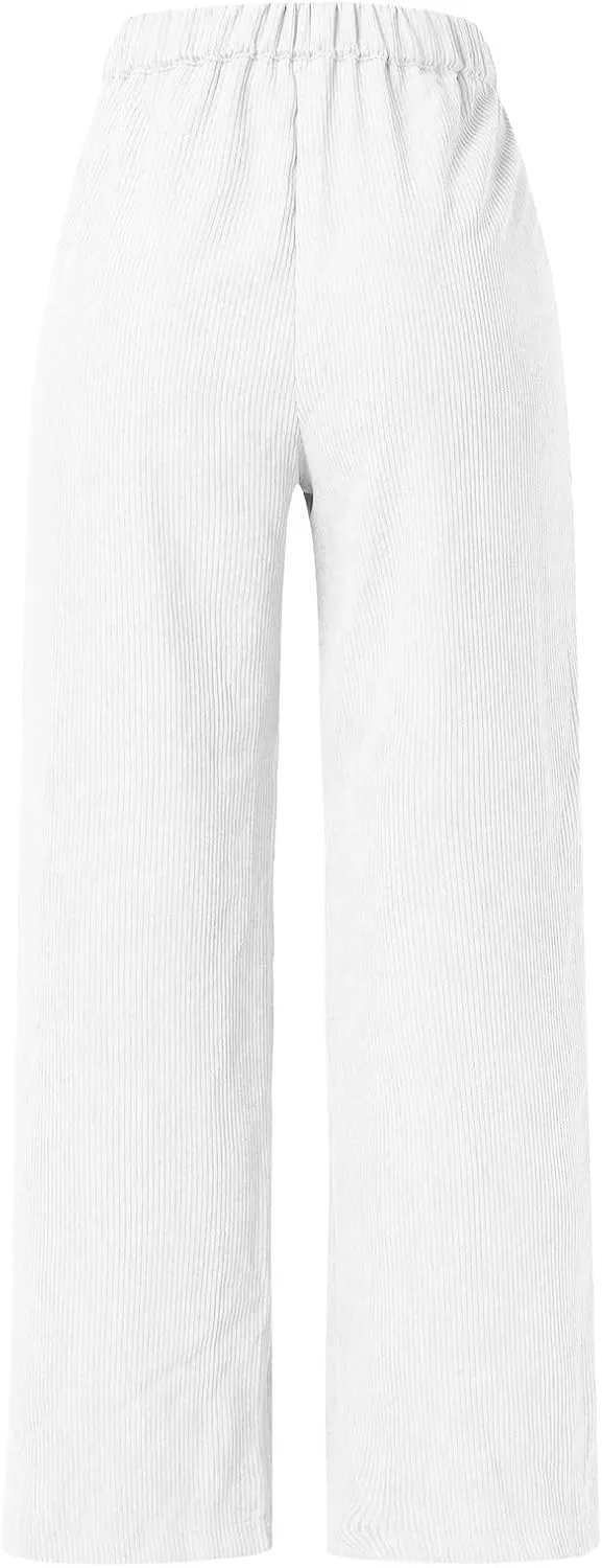 Women Wide Leg High Waist Linen Pants Back Elastic Waist Work Casual Trousers