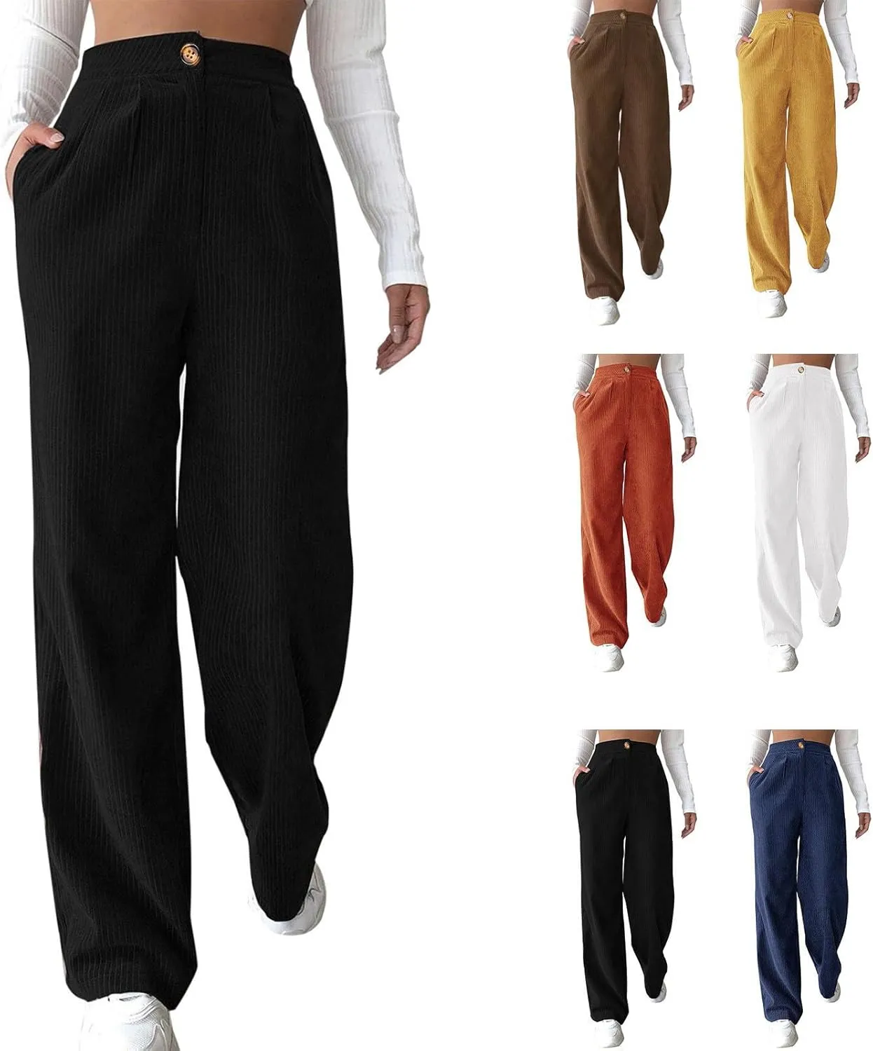 Women Wide Leg High Waist Linen Pants Back Elastic Waist Work Casual Trousers