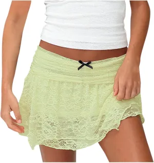 Women Y2k Lace Mini Skirts Summer Lace Slip Skirt Ruched Base Stacking Short Skirt Lace Tiered Pettiskirts