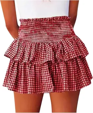 Women Y2k Plaid Mini Skirt Ruffle Layered Short Skirt Gingham A Line Skirt Cute Summer Smocked High Waist Skirts