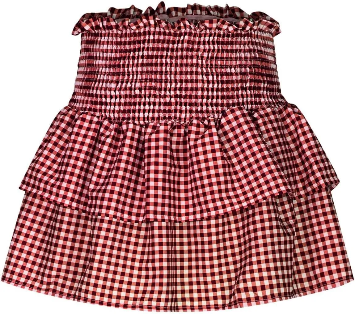 Women Y2k Plaid Mini Skirt Ruffle Layered Short Skirt Gingham A Line Skirt Cute Summer Smocked High Waist Skirts