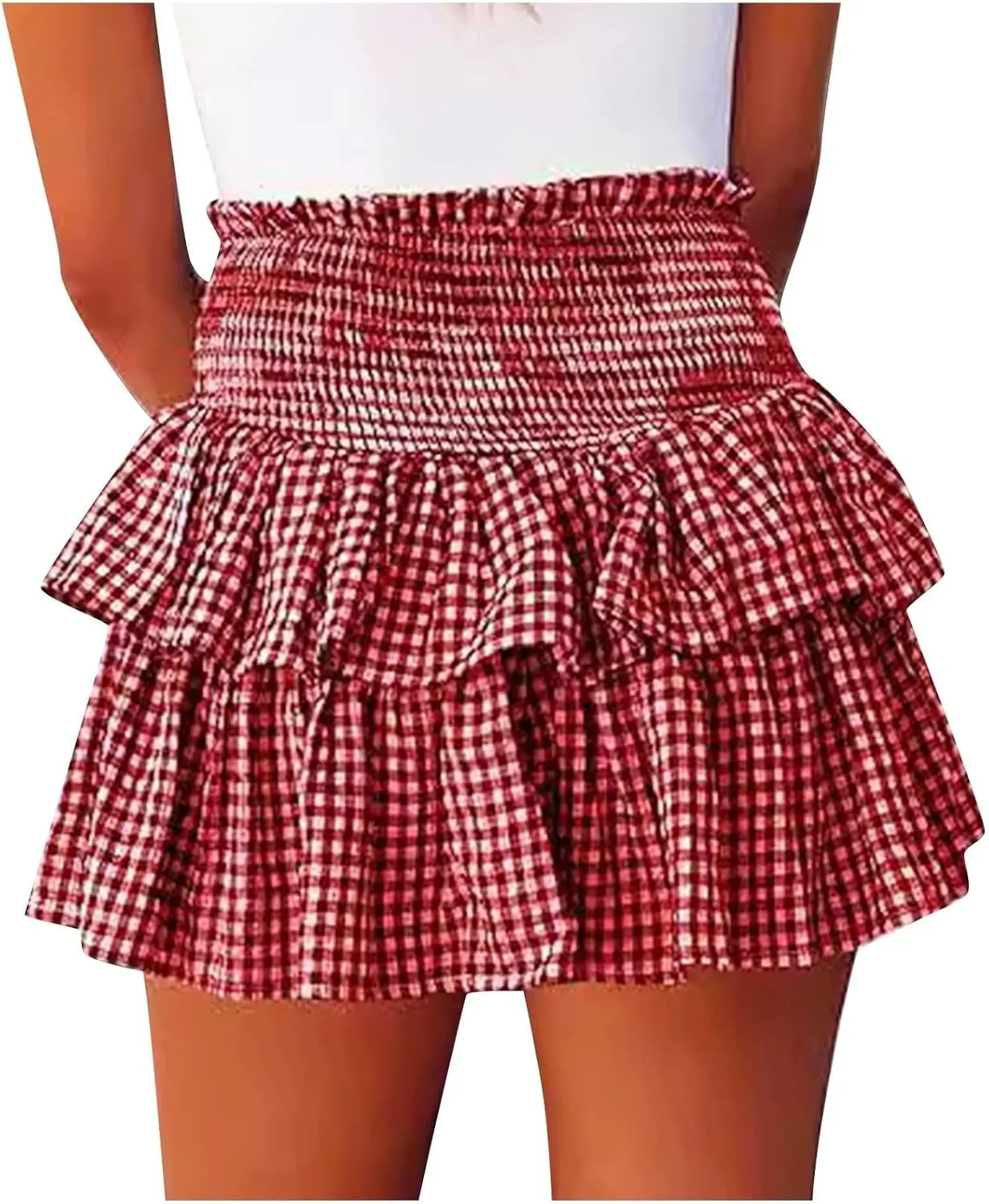 Women Y2k Plaid Mini Skirt Ruffle Layered Short Skirt Gingham A Line Skirt Cute Summer Smocked High Waist Skirts