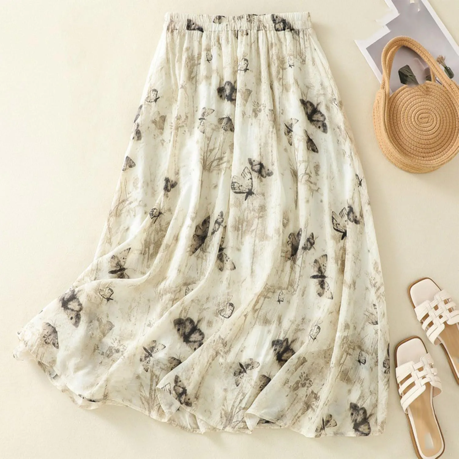 Women's 2024 Summer Double Layer Elastic High Waisted Skirt Casual Comfy Loose Print A-Line Flowy Midi Long Skirts